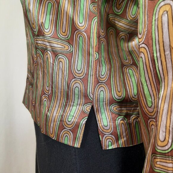 Vintage 1940s Shiny Rayon Blouse Abstract Print Button Front Brown Green Size S - Picture 6 of 11